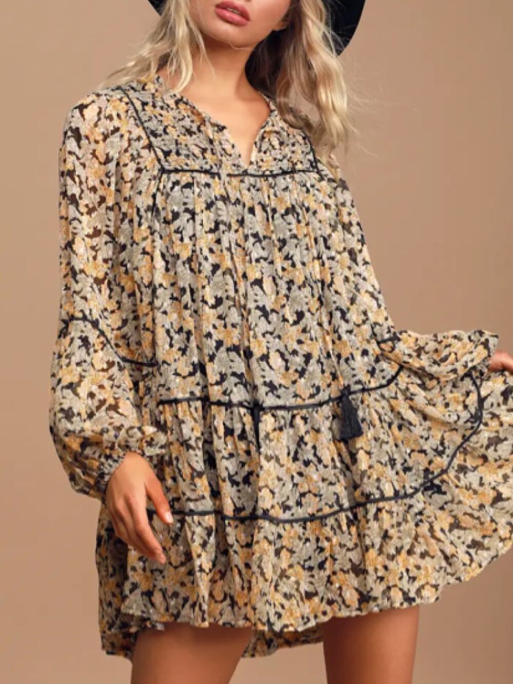 Free People Free Swinging Yellow Floral Metallic Mini Dress XS